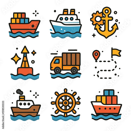 Sea transportation icons depicting maritime modes and navigation suitable for travel, transportation, logistics, nautical themes, marine businesses, and educational materials.
