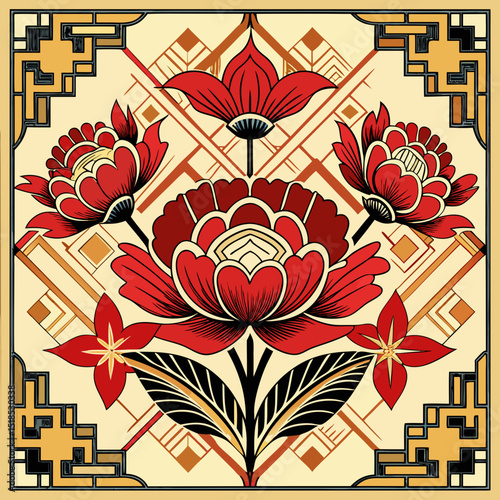Art Deco Floral Design with Geometric Pattern and Red Flowers