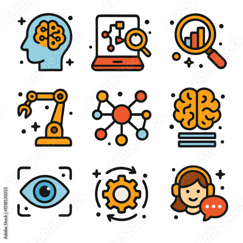 Technology and ai icons for artificial intelligence applications. Ideal for tech websites, AI software, presentations, and educational materials.