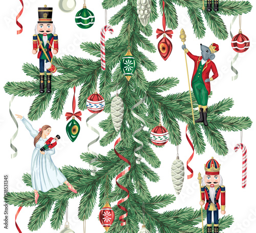 Nutcracker,  ballerina, mouse king, Christmas tree, serpentine, candy cane and ball seamless pattern. Merry Christmas, New Year wallpaper.