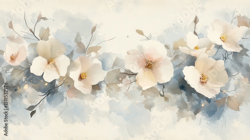 Watercolor art background vector. Wallpaper design with winter flower paint brush line art. Earth tone blue, pink, ivory, beige watercolor Illustration for prints, wall art, cover and invitation. ill