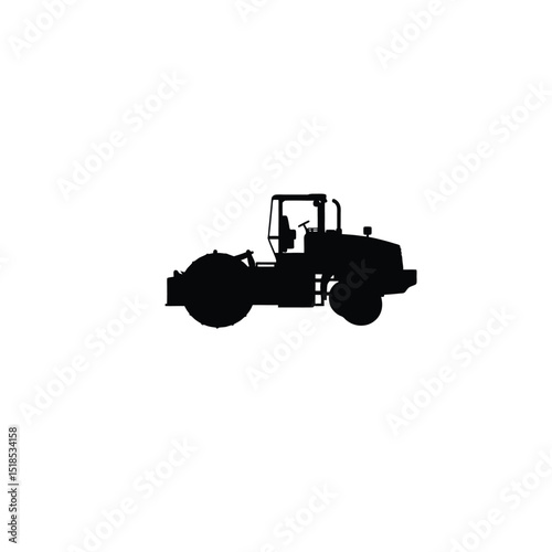 Silhouette of diesel road roller on site on white background