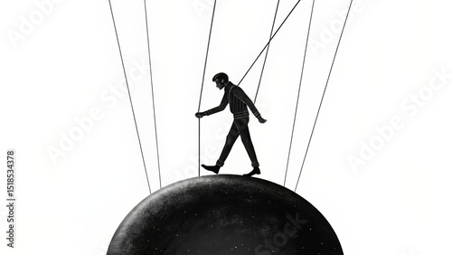 Monochrome Figure Walking Strings on Sphere Symbolizing Control or Destiny