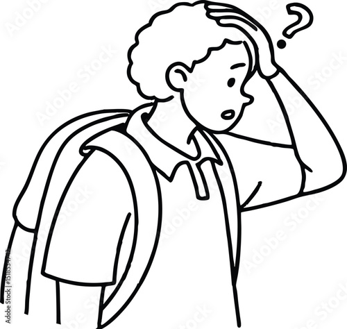Confused student with a backpack wondering about something with a question mark above his head