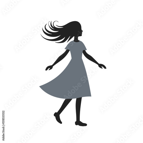 Girl walking in wind silhouette dress hair blowing
