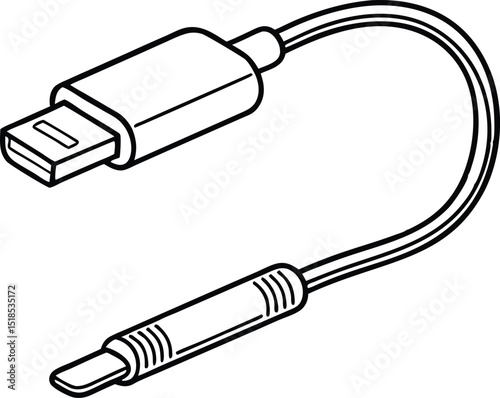 Black and white line art illustration of a usb to auxiliary audio cable
