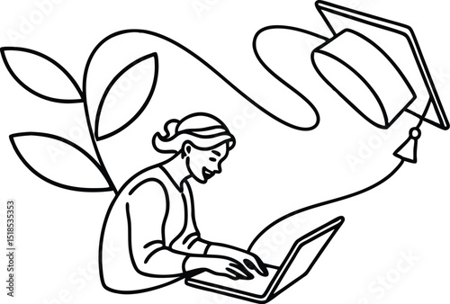 A smiling student working on a laptop dreams of graduation and academic success