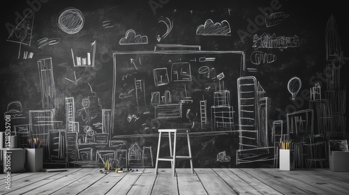 Creative educational sketch on chalkboard background with copy space. Education and complex concept. 3D Rendering illustration , no logos, no brands