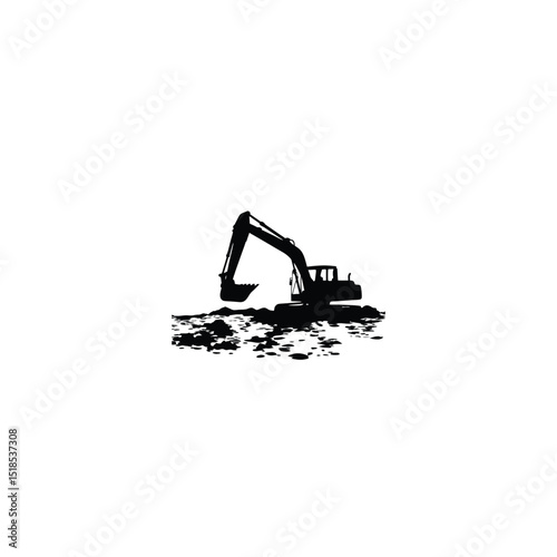 Silhouette of excavator digging muddy land on white background