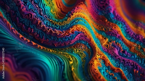 Psychedelic  patterns with iridescent contours and vibration effects.