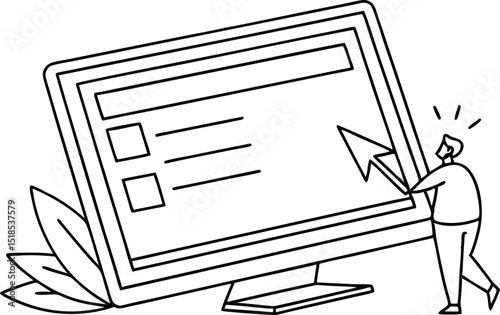 Man interacting with a computer screen showing a checklist or form in monochrome illustration