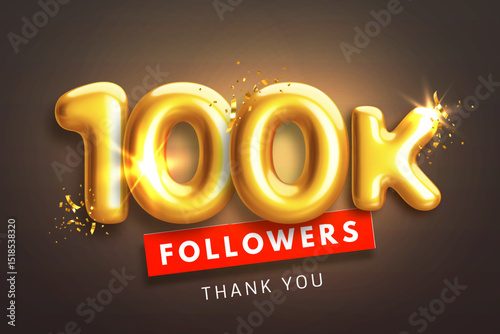 100000 followers celebration banner. Thank you 100k follower peoples. Glossy golden 3d numbers in realistic style on black background. Design for channel, group in social network. Vector illustration