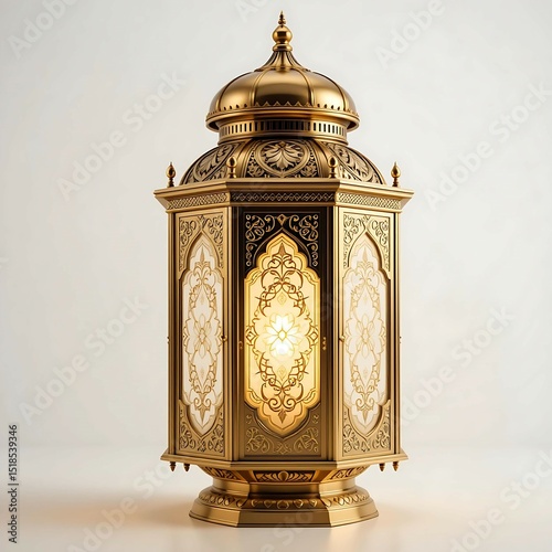 Ornate golden lantern with intricate islamic design and warm light