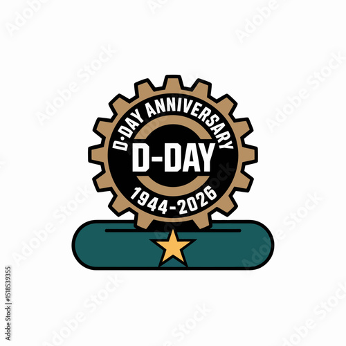 Gear style anniversary badge design with star and banner for d day event between year 1944 and 2026