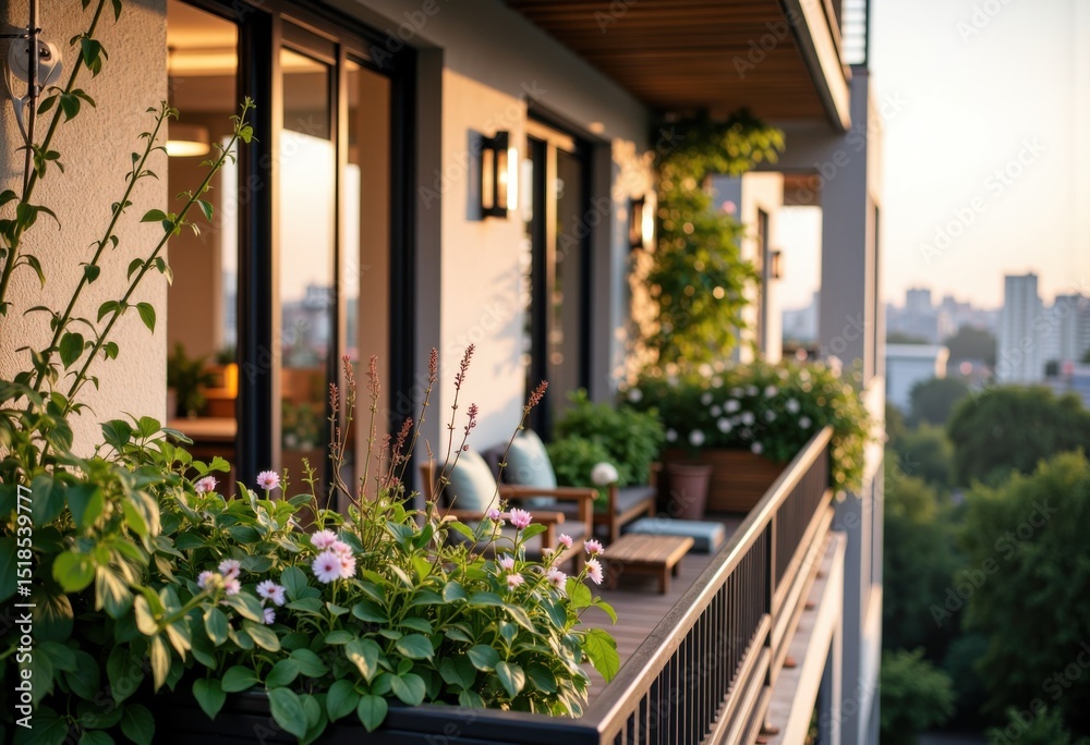 Fototapeta premium Modern apartment balcony decorated with lush plants during sunset for a relaxing atmosphere