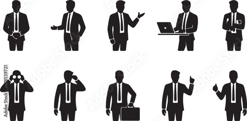 Businessman Silhouette Icons Set – Corporate and Office People Black Vector Illustration