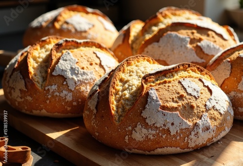 Freshly baked bread rolls with a crispy crust and soft interior on a wooden surface photo