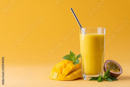 Yellow smoothie in a glass tube glass with mango, passion fruit, mango, passion fruit and mint. Hand holding yellow smoothie in glass on yellow background