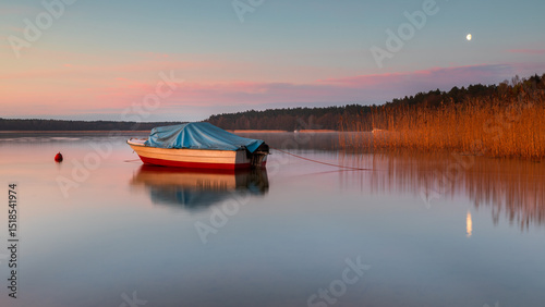 Boat covered with blue tarp on a calm lake at sunrise, Mazury, Poland.