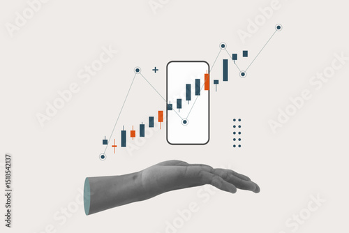 business graph chart finance stock market collage hand halftone trendy. vector illustration concept growth investment exchange currency money financial. technology digital background profit trade.