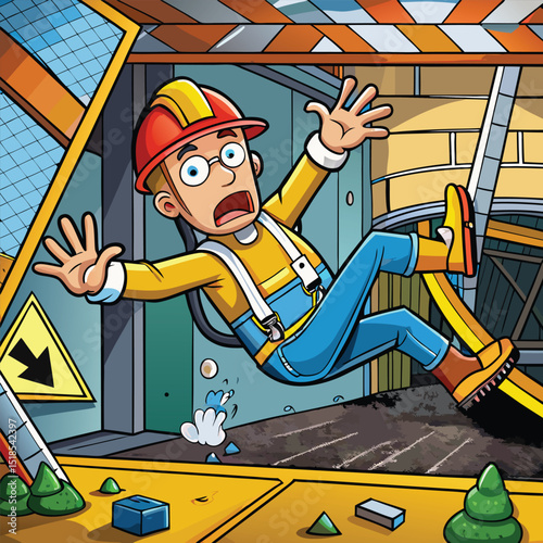 Worker slipping and falling at construction site, workplace accident and safety risk vector illustration.