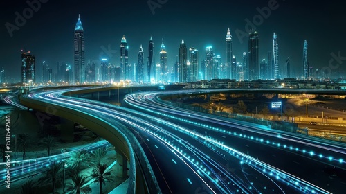 Smart city digital transformation development concept. Band lights over modern urban cityscape at night. New fast internet communication 5G technology. Fiber Optics
