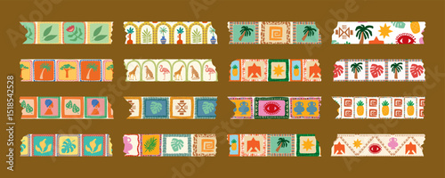 Collection of washi tape designs. Sticker, decoration, label, ribbon. African style scrapbooking element.
