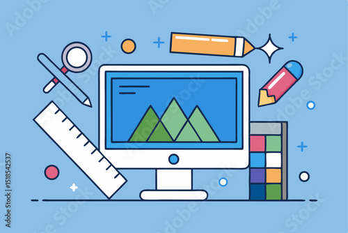 Design work, graphic tools, computer - based design, creative workspace, design software, professional tools, design elements, digital creation, artistic work, design process