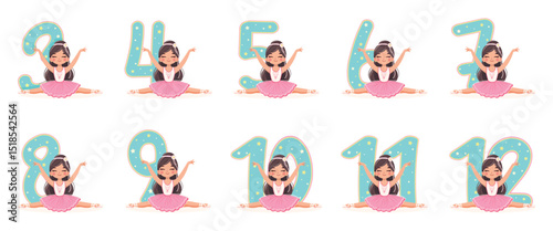 Set with pretty ballerinas girls in pink and blue dress doing the splits on white background. Vector illustration in flat cartoon style