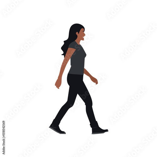 Woman walking side profile dark hair casual outfit