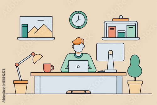 Focused work, office productivity, individual task, laptop usage, minimalist workspace, professional concentration, daily job routine, desk setup, work from office, quiet office activity