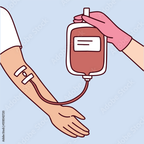 Medical illustration of blood transfusion into a light-skinned arm, with pink background and gloved hand holding a blood bag, symbolizing healthcare, donation, or emergency treatment