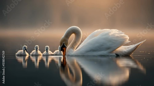 A swan and its cygnets at dawn on a still pond
