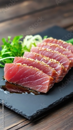 Elegant tuna slices with ruby centers and golden sesame crust, plated with soy reduction and scallions in a minimalist upscale sushi bar style.
