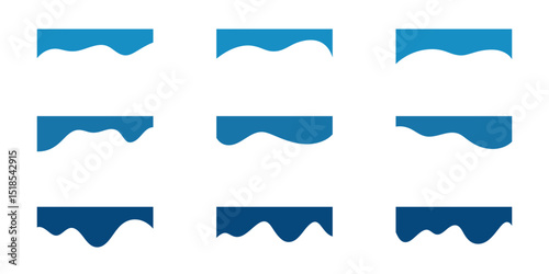 A set of abstract modern wavy shapes of dividers, upper different bends for the page title, banner, website, application, vector illustration. Graphic design elements, icons, frames, background