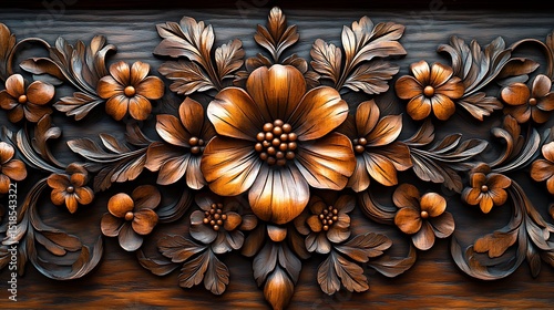 Exquisite wooden floral relief carving featuring detailed flowers and foliage with elegant decorative elements photo