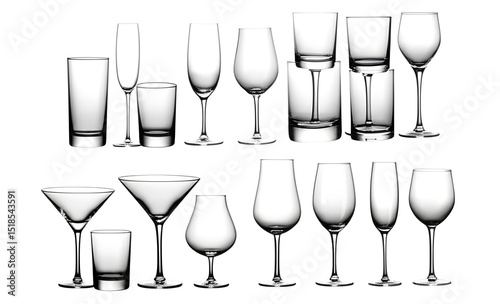 Collection of empty drinking glasses and stemware