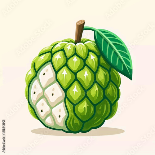 A cartoon cherimoya fruit green with a section cut out to reveal white flesh and black seeds
