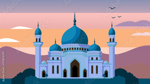 Minimalist flat illustration of the blue mosque at sunset. Islamic design, element.