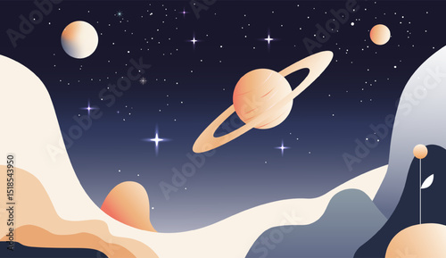 Space scene. Hot surface of the planet. Futuristic space illustration. Fantasy universe with bright stars