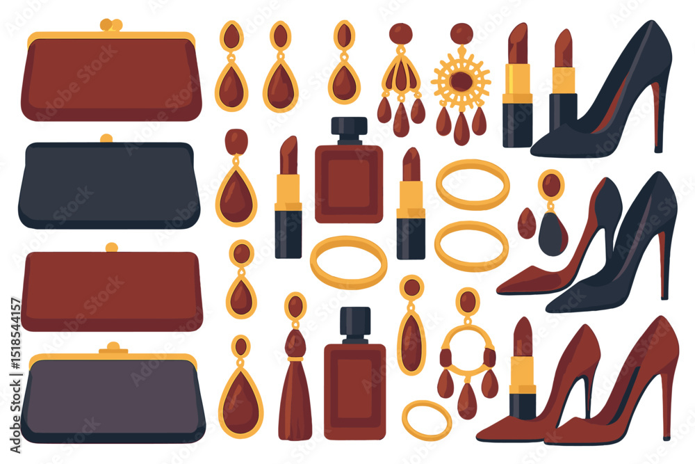 Fototapeta premium Collection of elegant accessories including high heels and cosmetics displayed on a white background