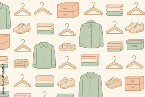 Visual collection of clothing items and storage solutions arranged in a neat pattern for home organization ideas