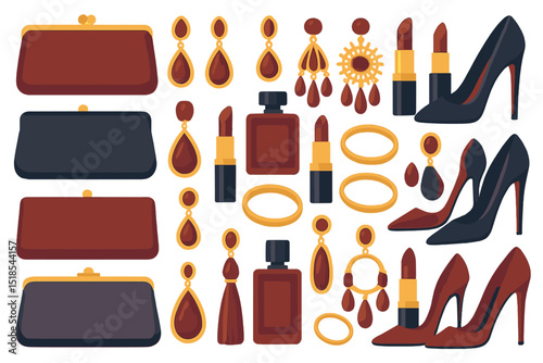 Collection of elegant accessories including high heels and cosmetics displayed on a white background