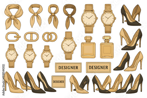 Collection of elegant accessories including high heels, watches, and scarves displayed in a stylish layout