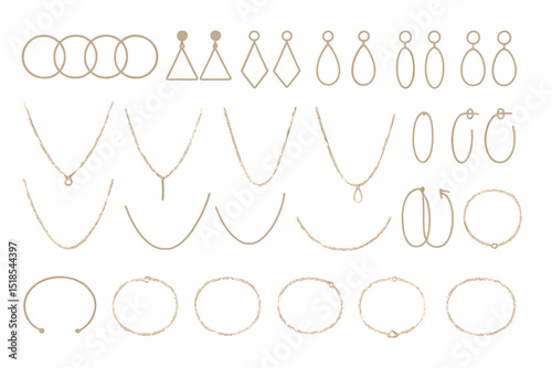 Collection of elegant jewelry pieces featuring various earring and necklace designs in a neutral tone displayed on a light background