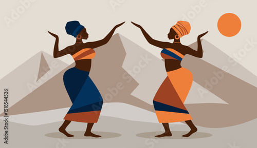 A minimalist flat illustration representing african culture. African women dancing in traditional clothing. Mountains behind