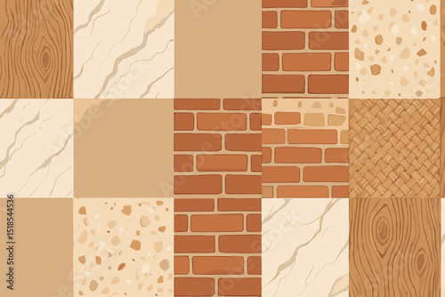 Various texture patterns featuring wood, brick, and stone in a seamless design for interior decor