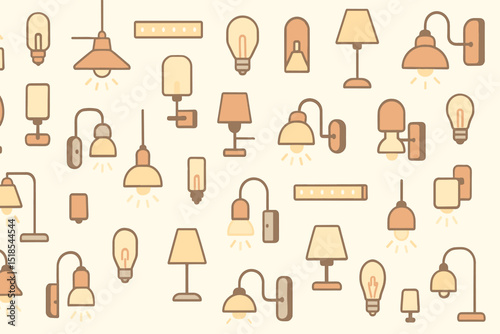Decorative light fixtures pattern featuring various lamp designs in soft colors on cream background