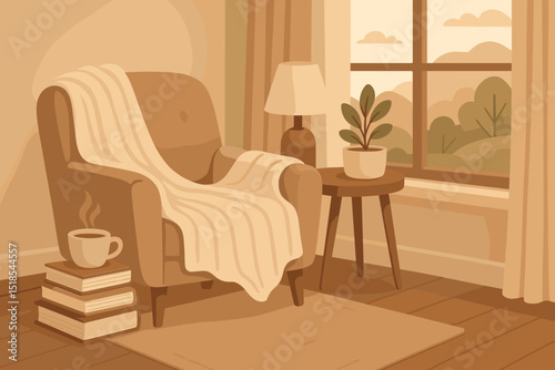 Cozy reading nook with a comfortable chair, warm beverage, and natural light filling the room