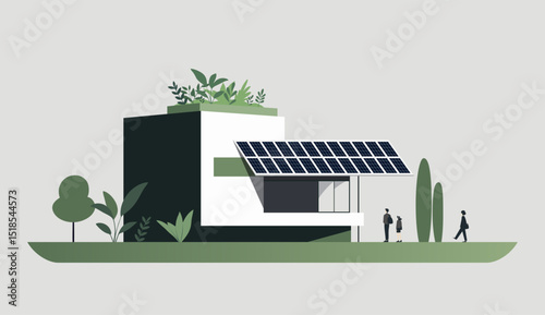 Illustration of eco friendly sustainable modern house in a flat vector style. Minimalistic house with solar panels